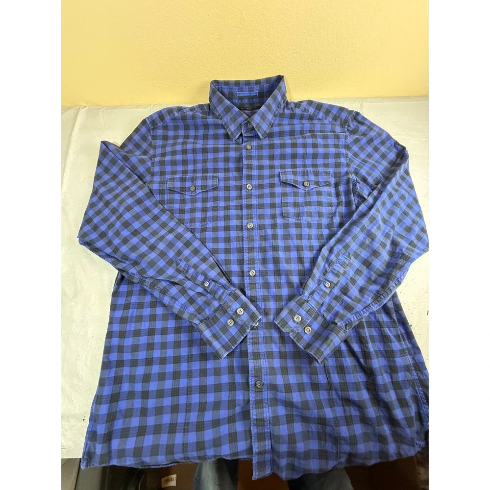 Banana Republic Slim Fit Blue Black Buffalo Check Button Down Shirt Mens L